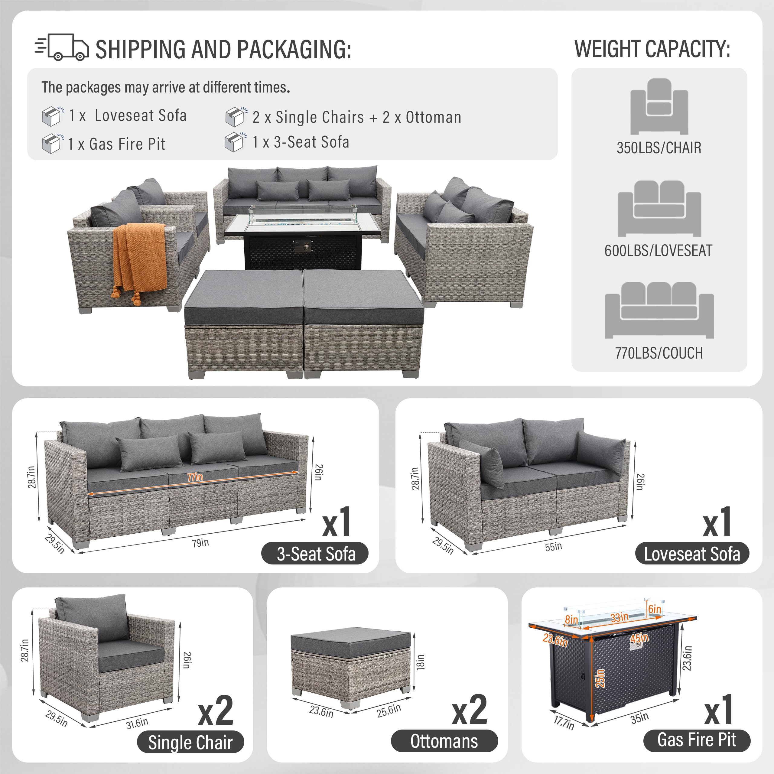 Outdoor Patio Furniture Set Grey Wicker 7 Piece Couch Sets