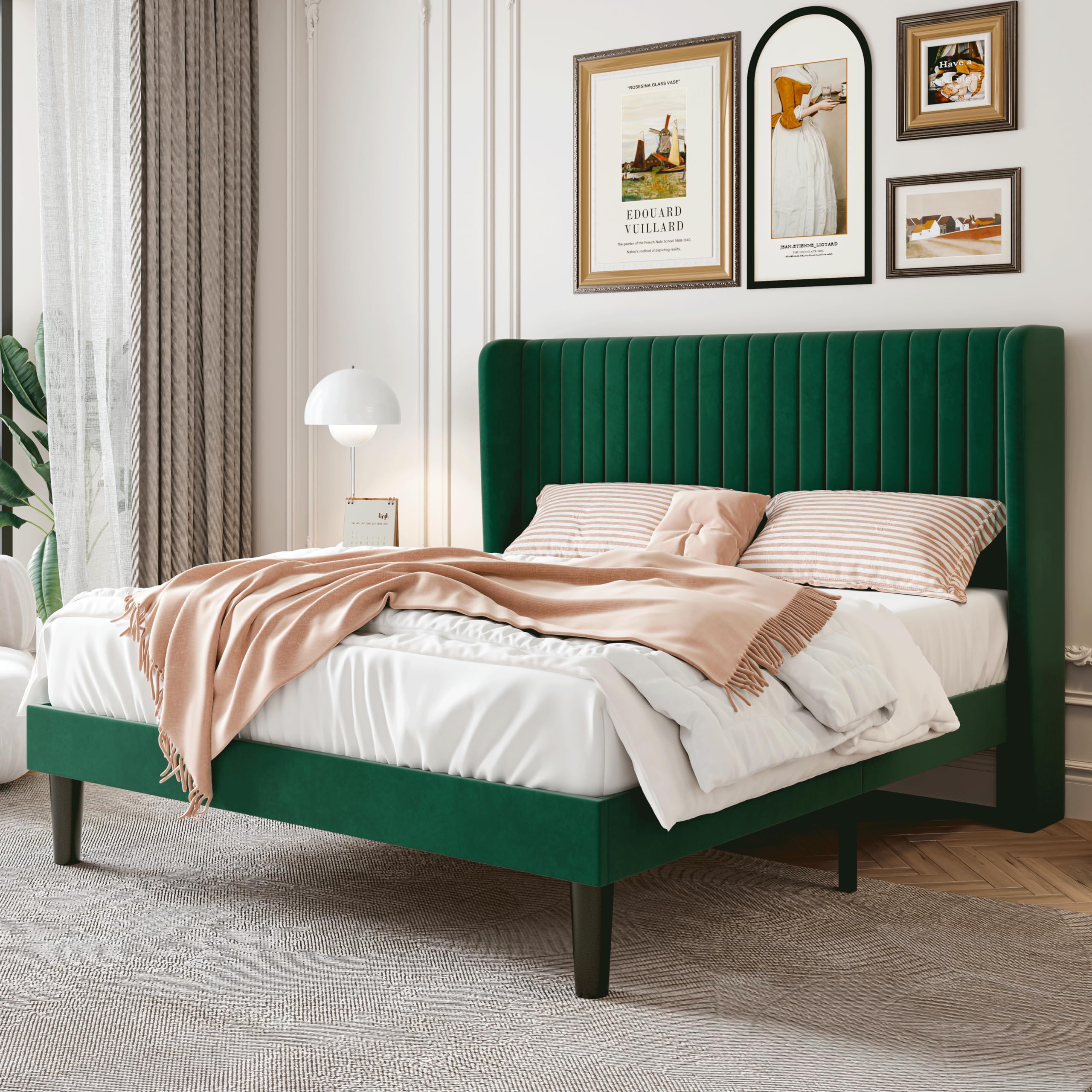 Queen Size Velvet Bed Frame with Vertical Channel Tufted Wingback Headboard