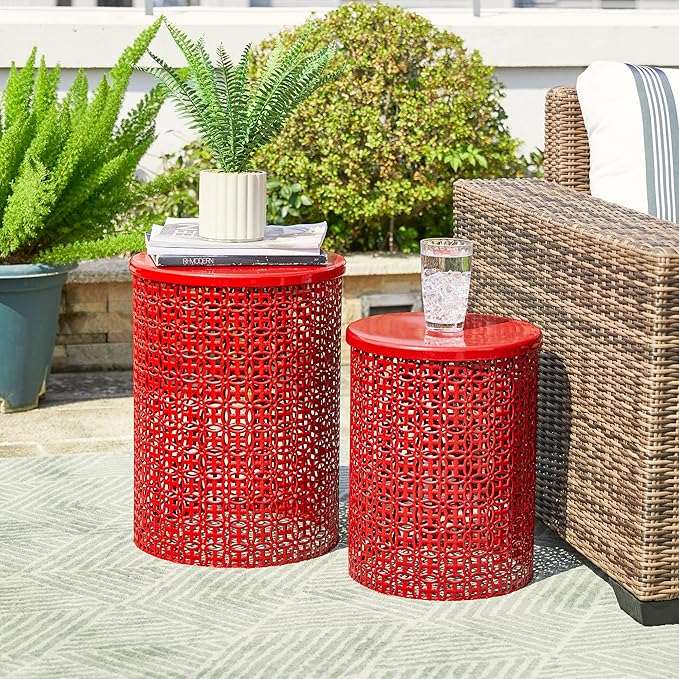 Outdoor Side Table Set of 2, Decorative Garden Stool for Indoor Outdoor Heavy Duty Metal