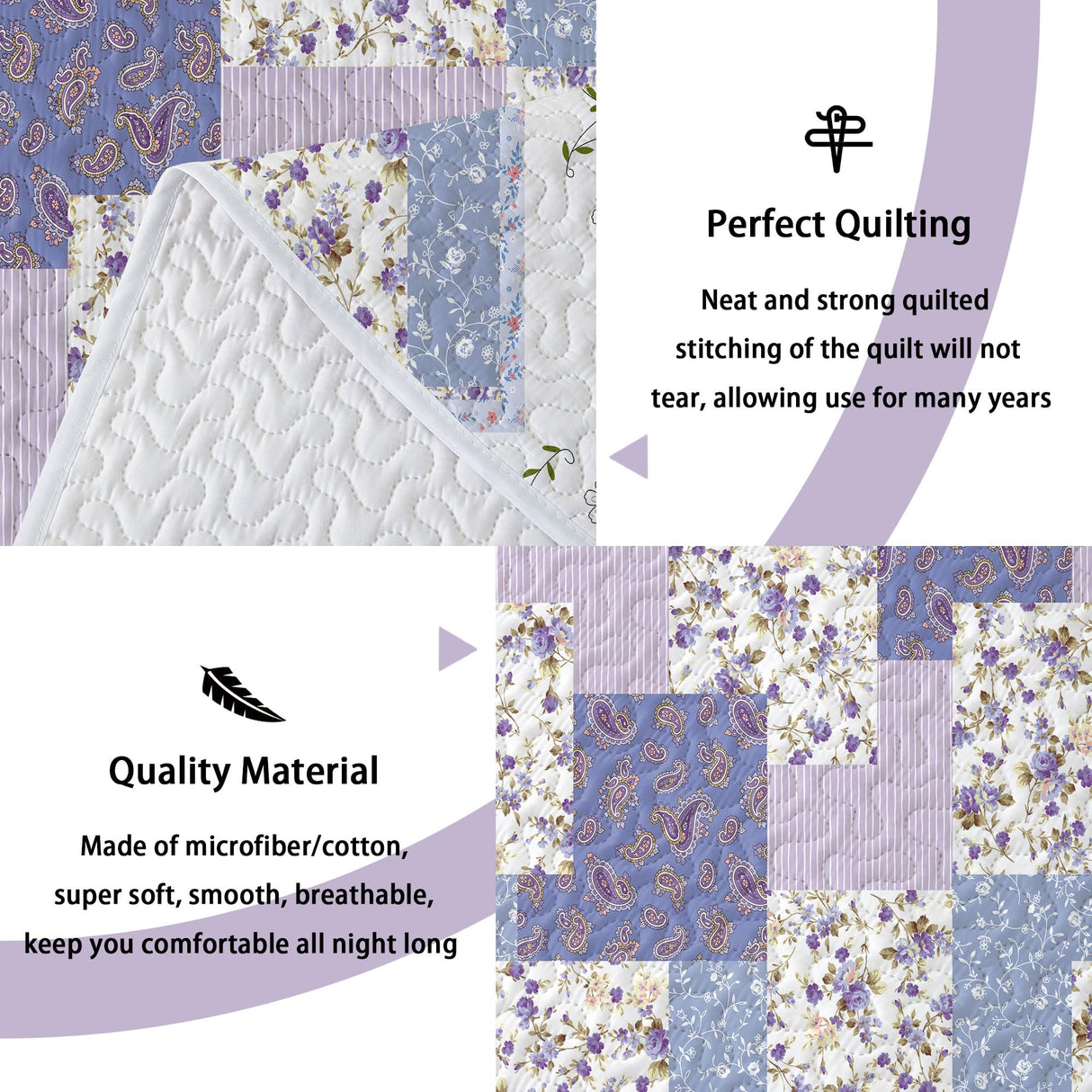 Purple Bedding Sets King - Reversible Microfiber Farmhouse Quilts