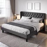 Queen Size Bed Frame with Button Tufted Wingback Headboard, Upholstered Platform