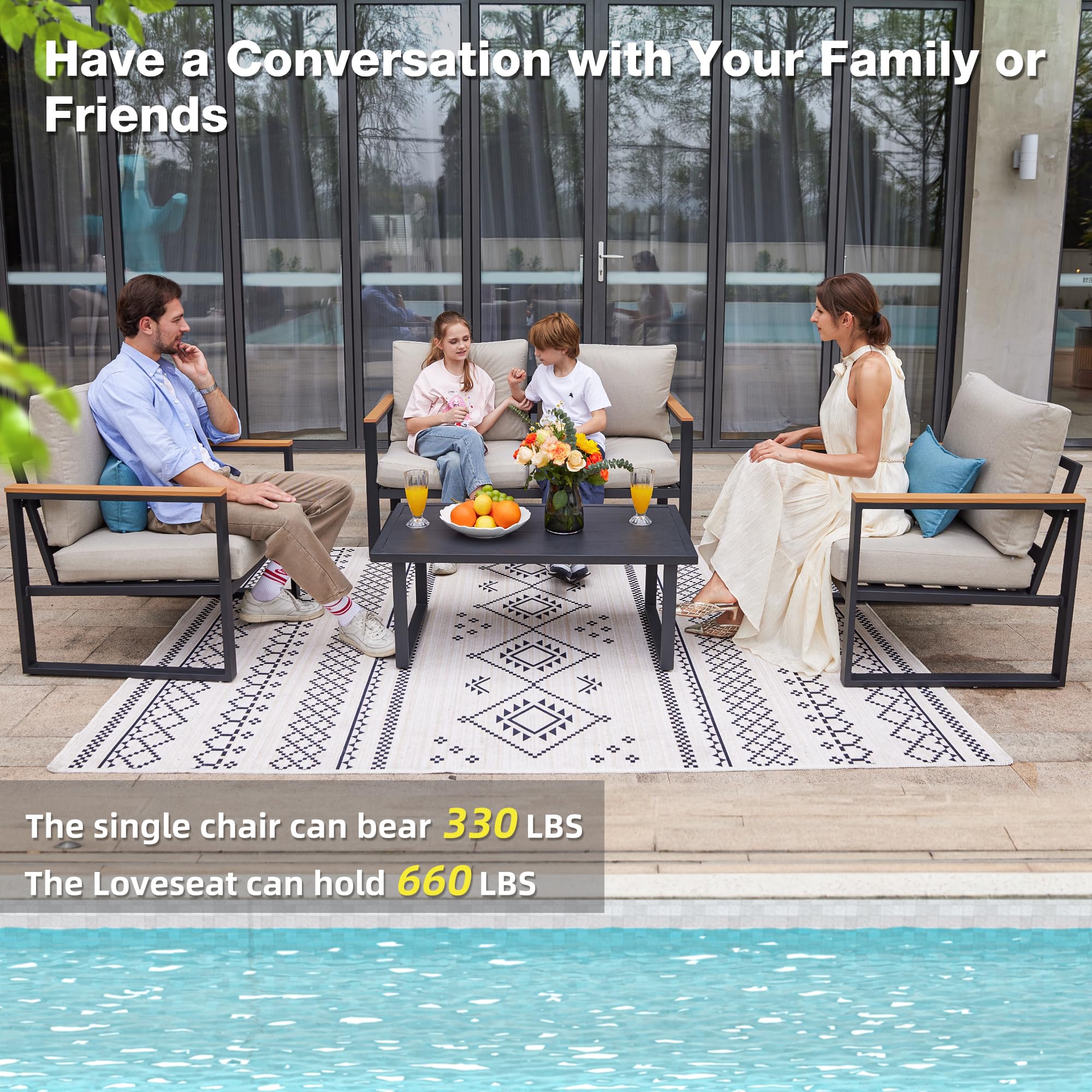 4 Pieces Outdoor Patio Furniture with Table Set, Metal Patio Conversation Sets