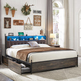 King Bed Frame with Storage Upholstered Headboard and 4 Drawers, Farmhouse Metal