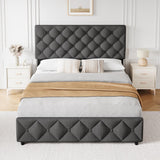 Full Size Bed Frame with 4 Storage Drawers and Headboard, Linen Upholstered Platform