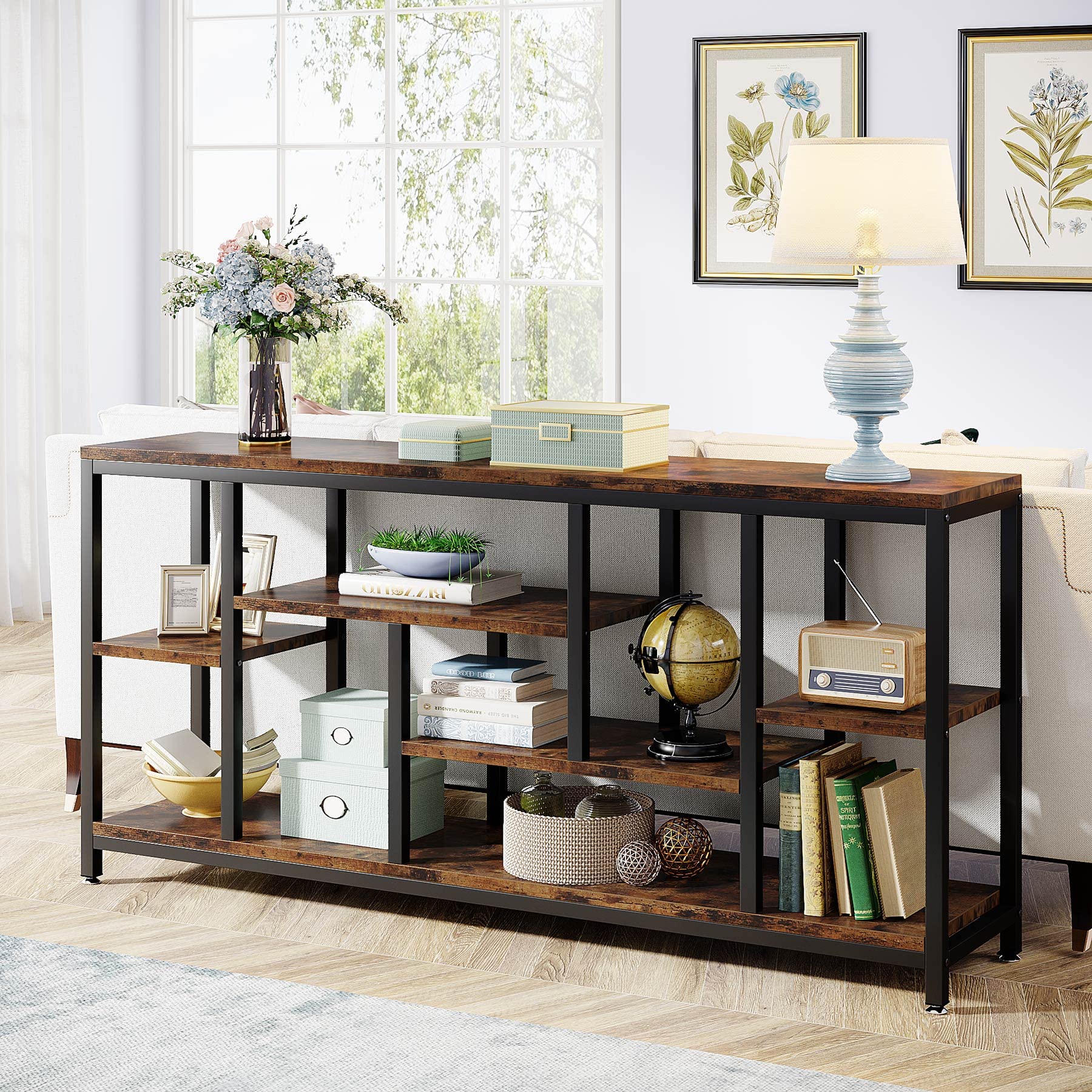 70.9" Extra Long Console Table with Storage Shelves - 3-Tier Industrial Entryway Accent Table