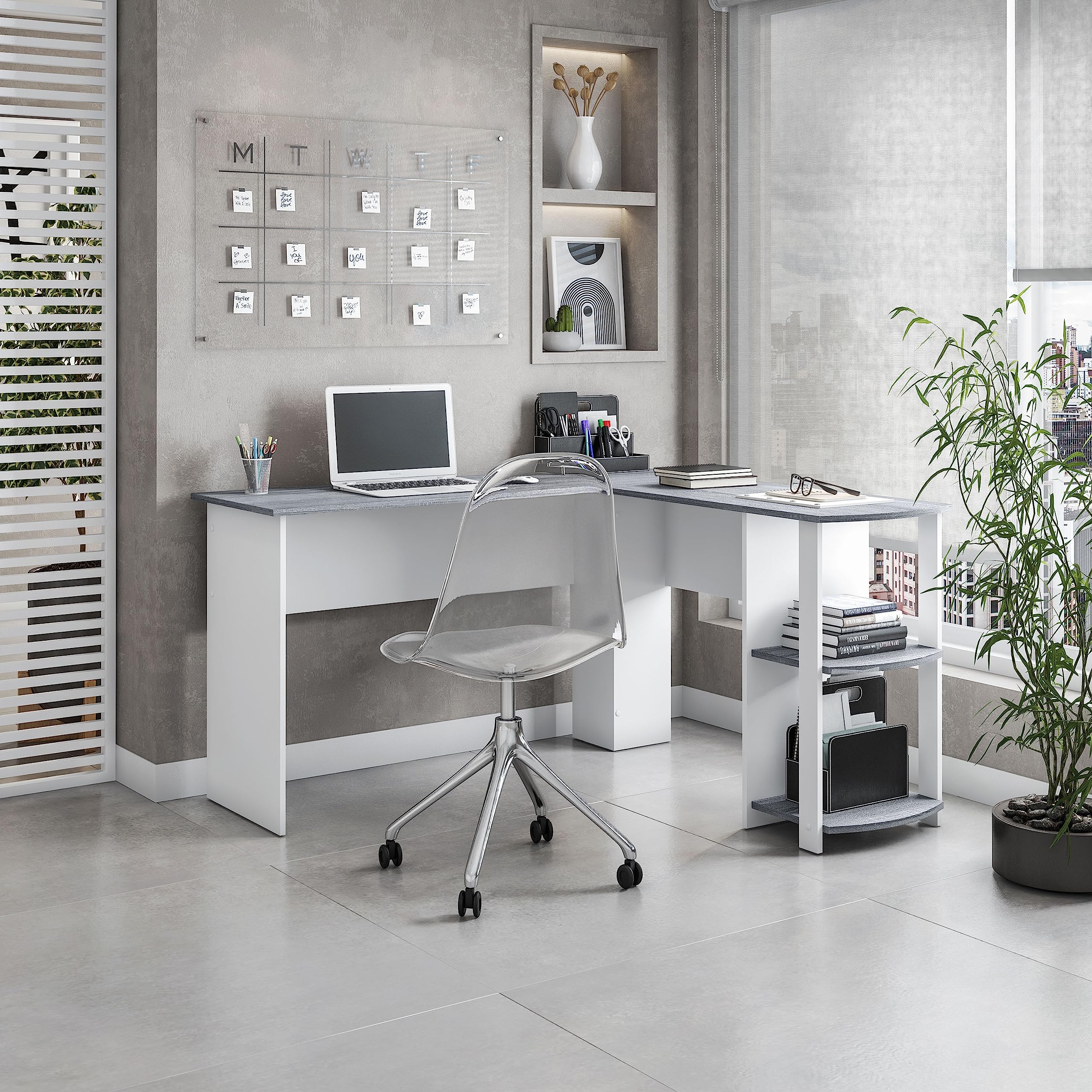 L Shaped Desk - Modern Computer Desk with Corner Bookshelf & Side Storage Shelves