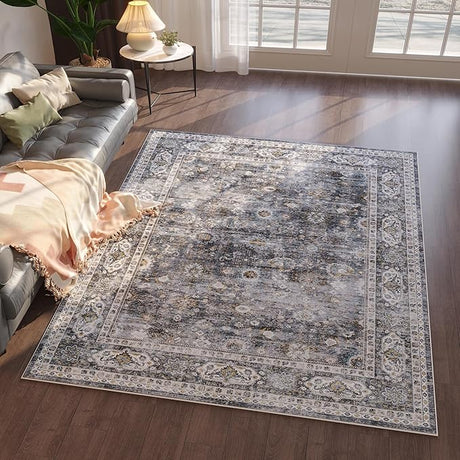 Area Rugs 8x10 Rug for Living Room Washable Boho Area Rug Non Slip Soft Vintage Low Pile Large Rug for Living Room, Bedroom, Farmhouse, Dining Room, Kids Playroom(Grey and White)