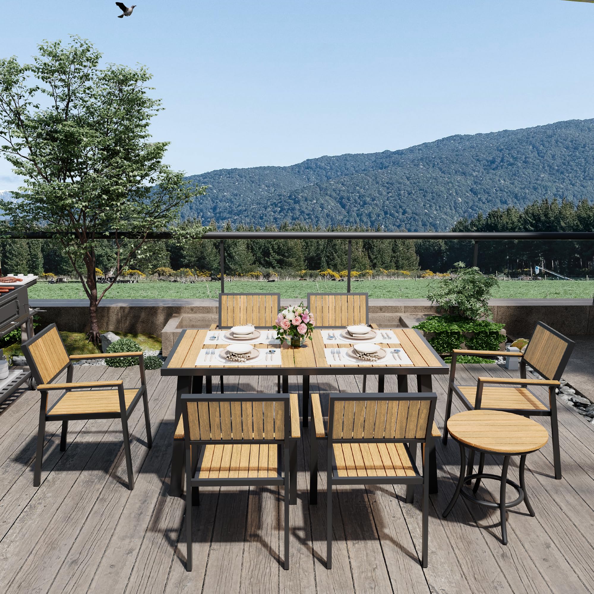 8-Piece Patio Dining Set，Outdoor Aluminum Furniture Set with Plastic-Wood Table Top