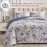 2 Pieces Microfiber Quilt Set, Botanical Blue Leaves on Light Gray Reversible)