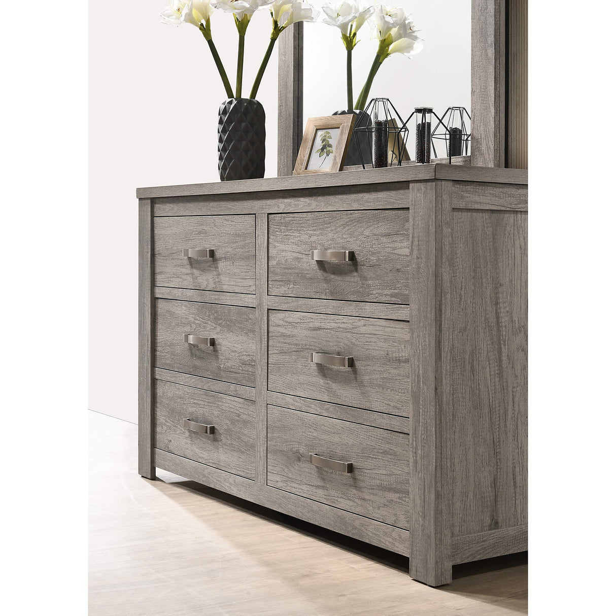 Floren Contemporary Weathered Gray Wood Bedroom Set, Queen Panel Bed, Dresser,