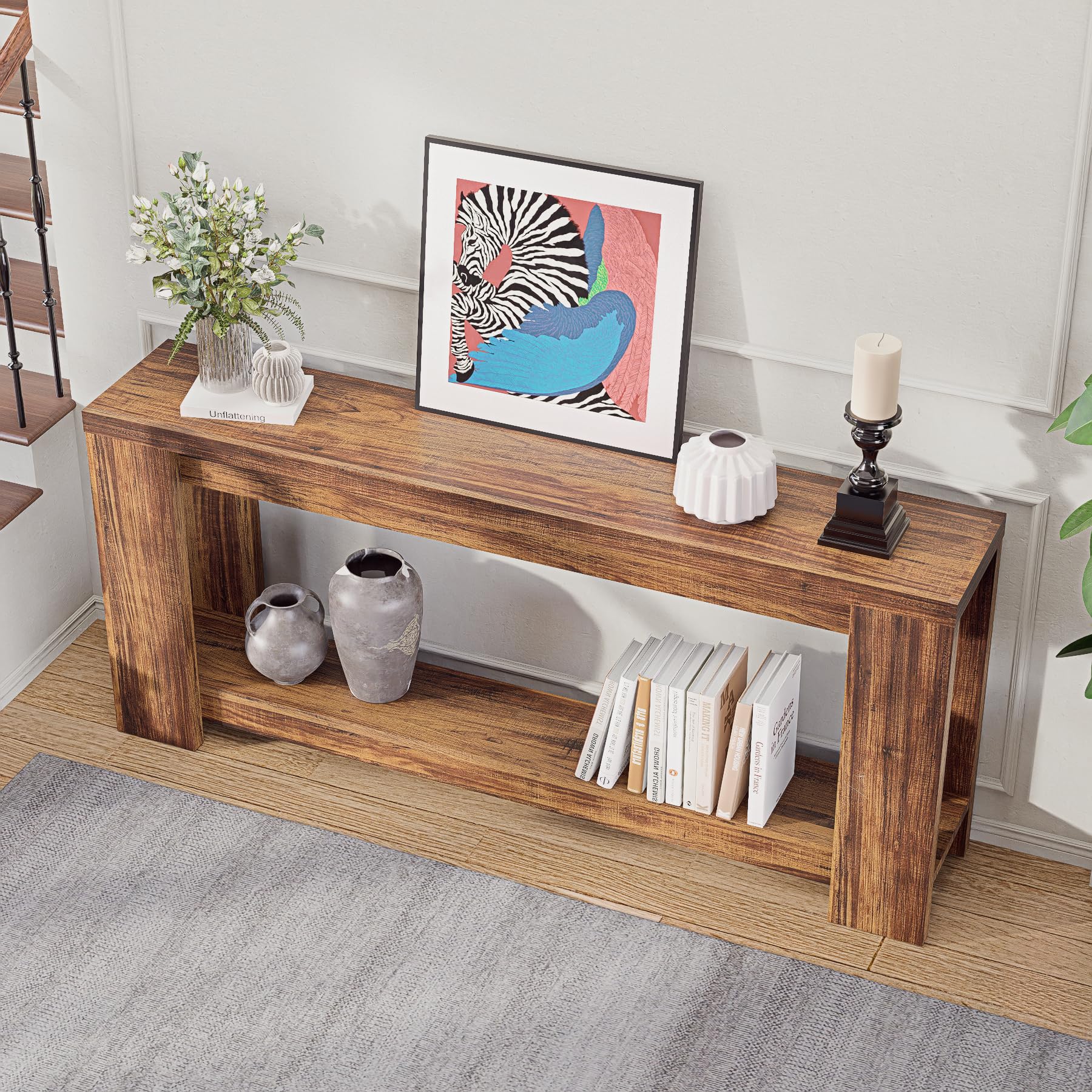 70.9" Farmhouse Console Table with Storage Shelf - Rustic Brown