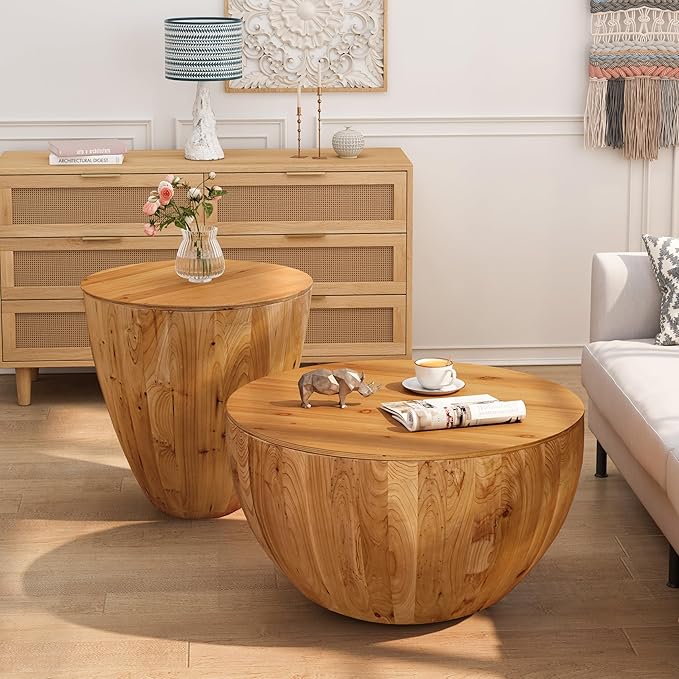 Vintage Wood Drum Coffee Table, Wood Round Coffee Table