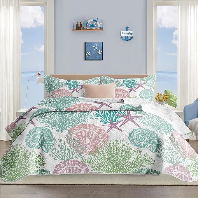 3 Piece Coastal Quilt Sets King Size - Reversible Microfiber Quilts with 2 Shams Soft