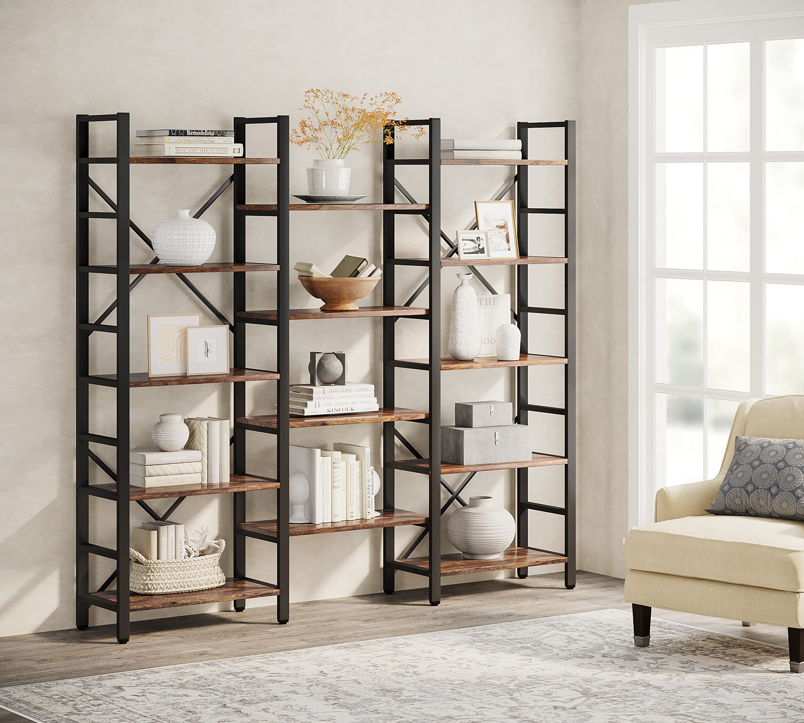 Triple Wide 5-Shelf Bookcase, Etagere Large Open Bookshelf Vintage Industrial Style Shelves Wood and Metal bookcases Furniture for Home & Office, 70 inch