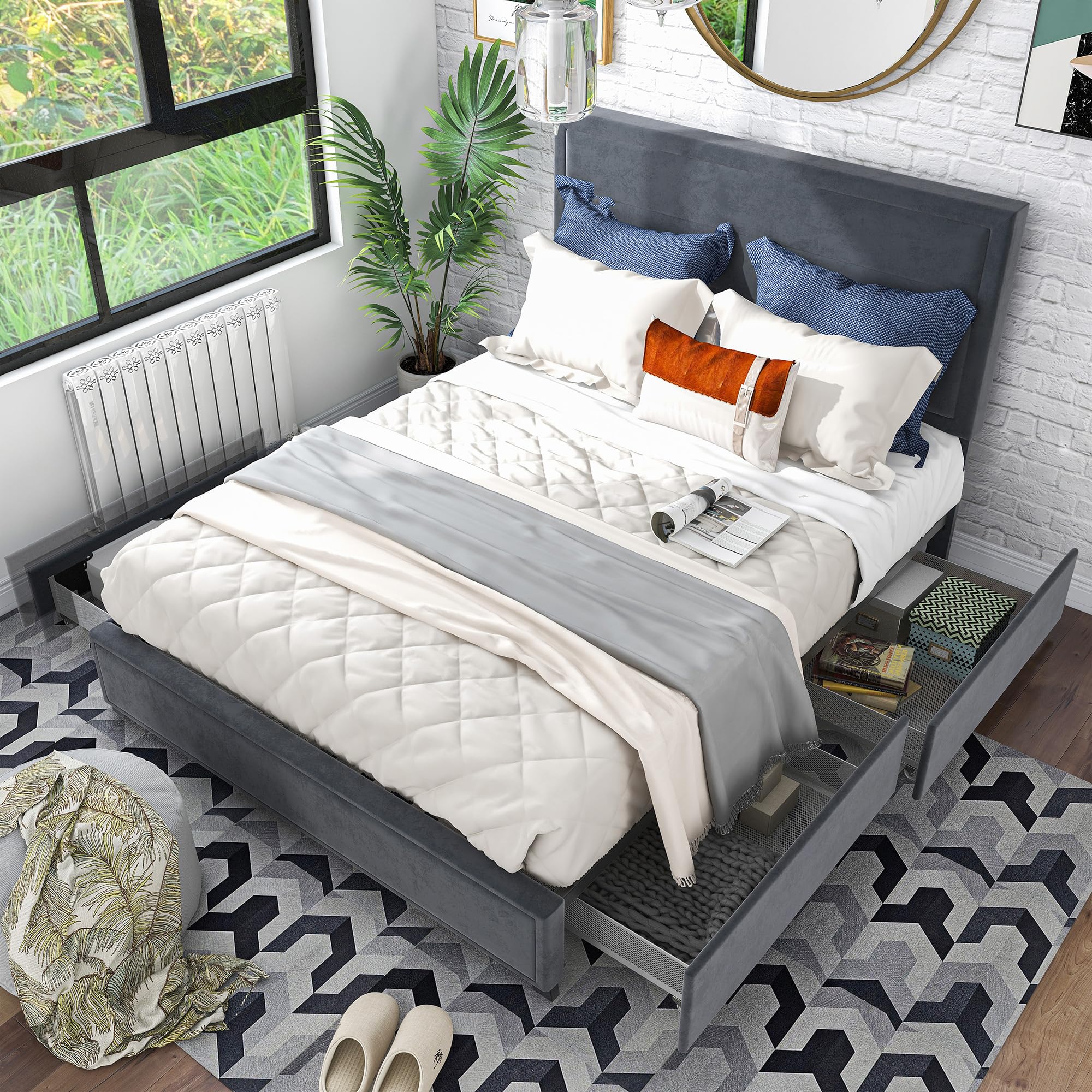 Leif Transitional Fabric Upholstered Platform Bed with Storage for Bedroom
