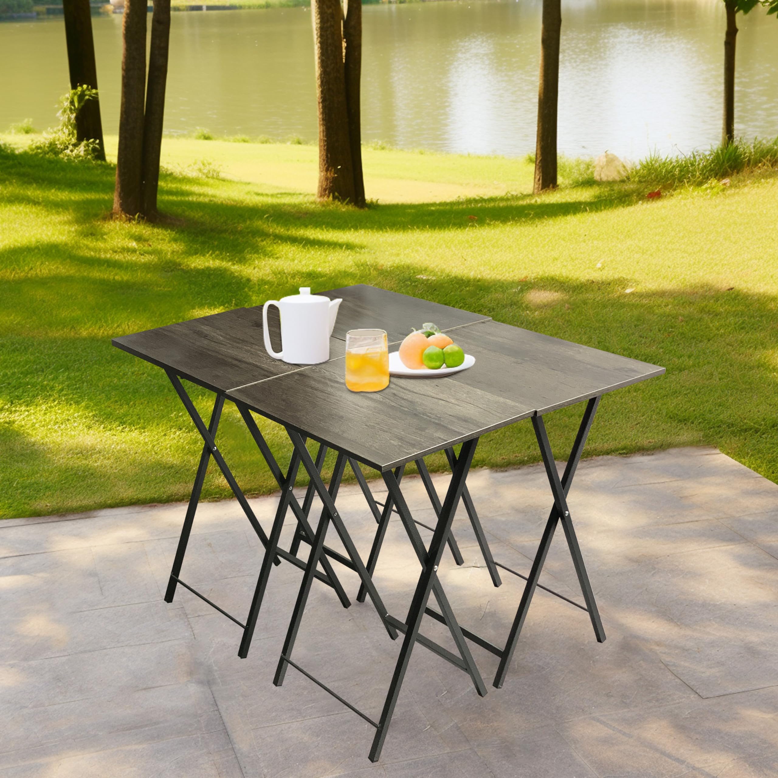 Portable Folding TV Tray Tables Set of 4 with Stand - Rustic Grey Wood Snack Table for Small Spaces