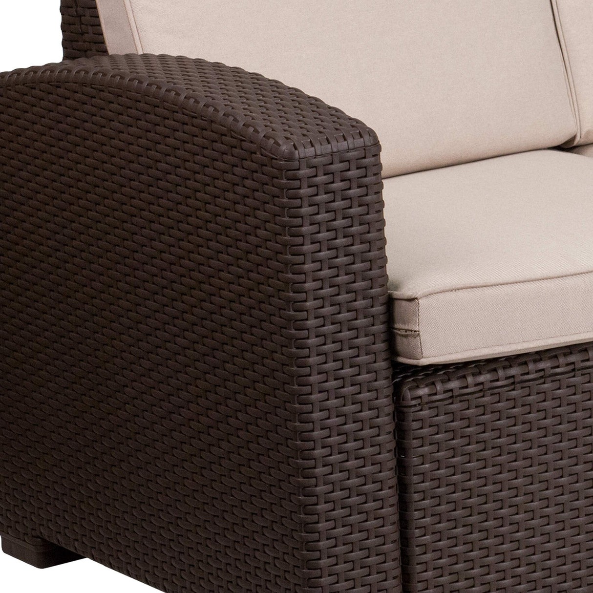 Flash Furniture Seneca Chocolate Brown Faux Rattan Sofa with All-Weather Beige Cushions