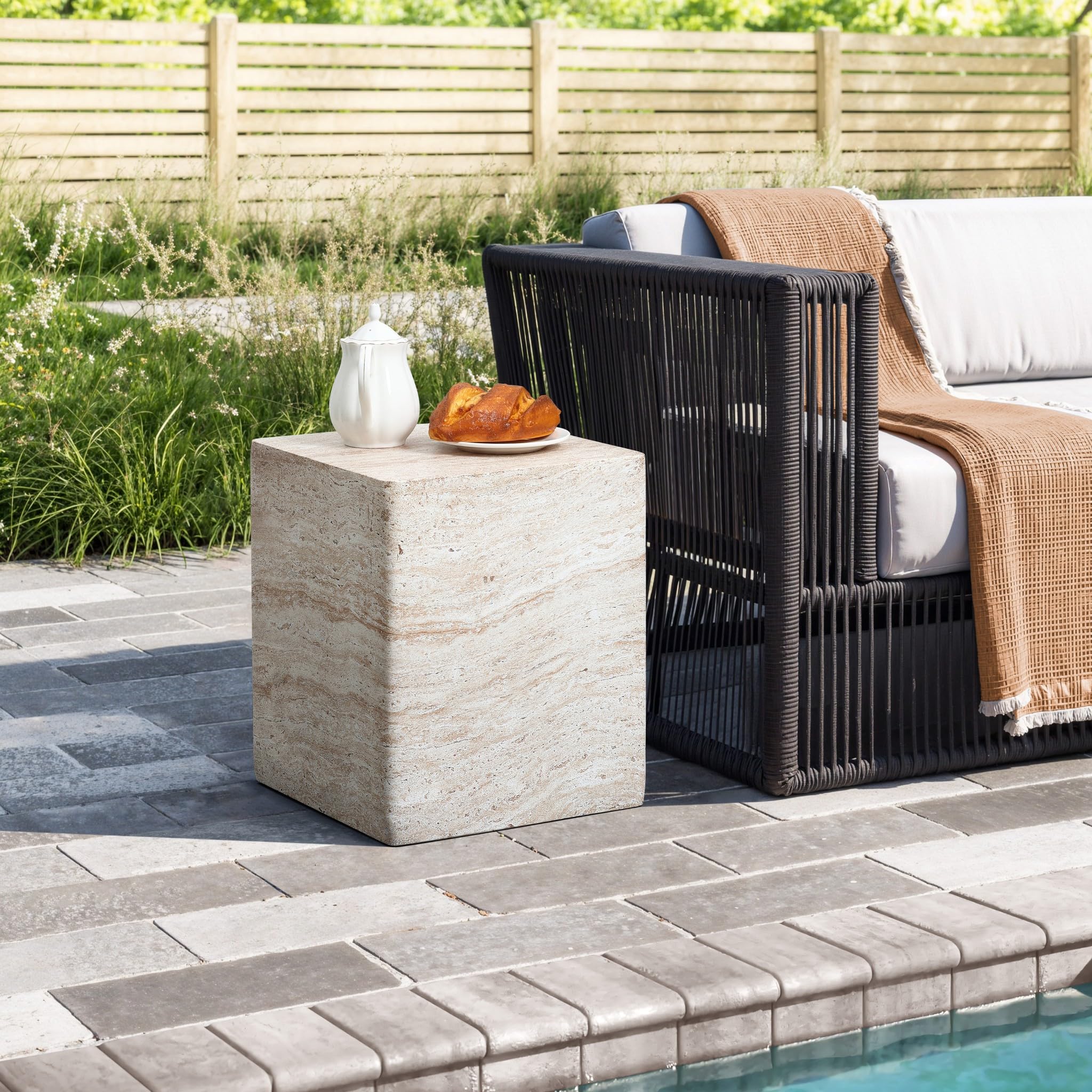Outdoor Side Table, 18'' Travertine-Style Square Cement Accent End Table