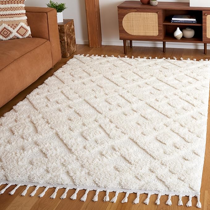 Moroccan Tassel Shag Collection Area Rug - 6'7" Square, Ivory & Brown