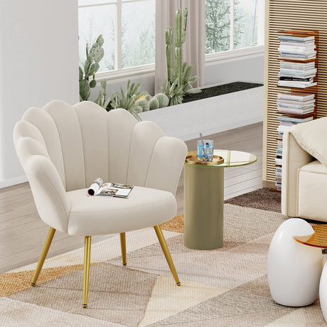 velvet Living Room Chair Accent Chairs, Upholstered Vanity Chair for Makeup Room, Modern Barrel Arm Chair Guest Leisure Chair Comfy for Bedroom-Ivory