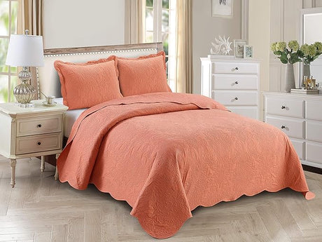 Over Size Elegant Embossed Bedspread Set Light Weight Solid Color New (Coral