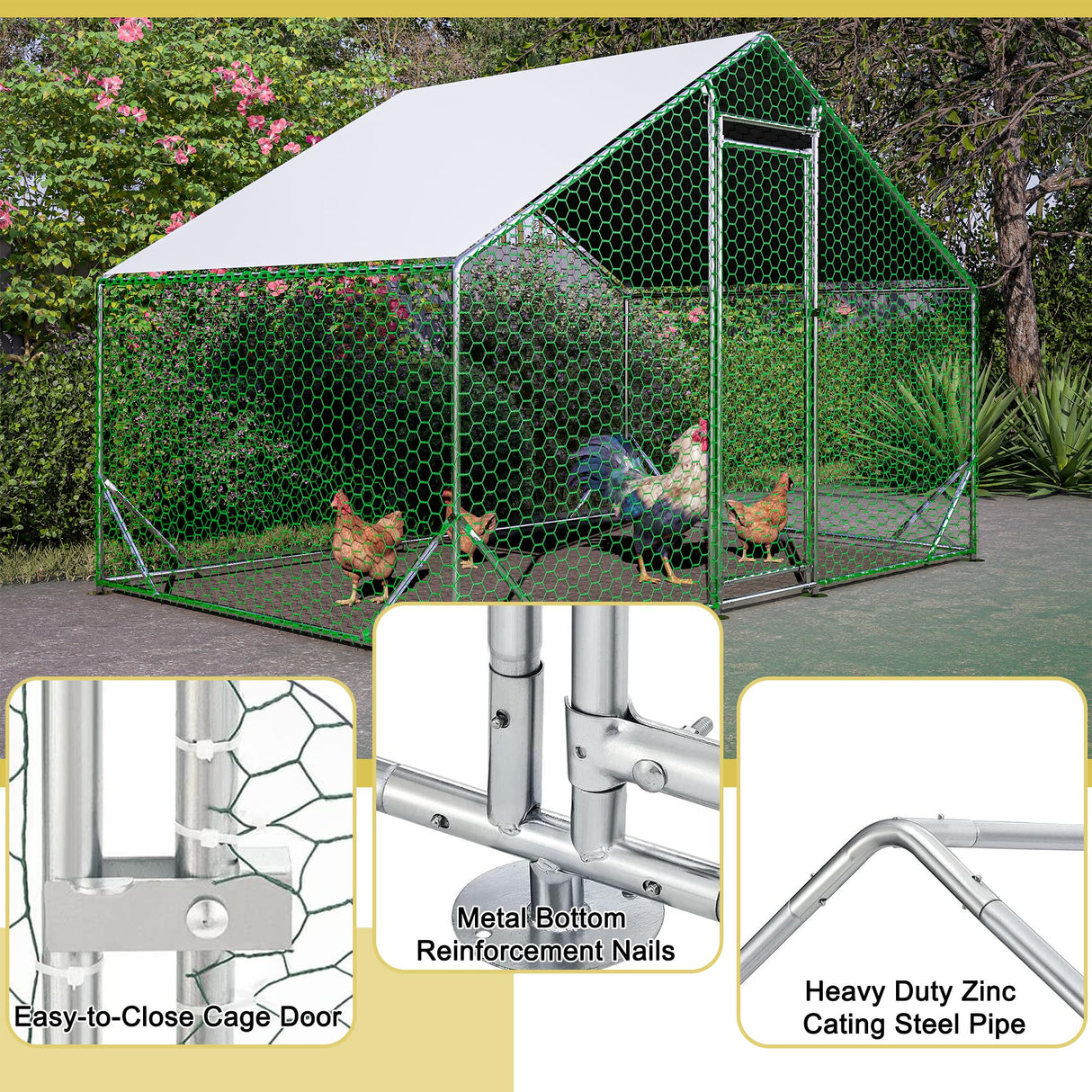 Metal Chicken Coop 10x6.6x6.56ft Walk-in Poultry Cage Chicken Run Hen Rabbit