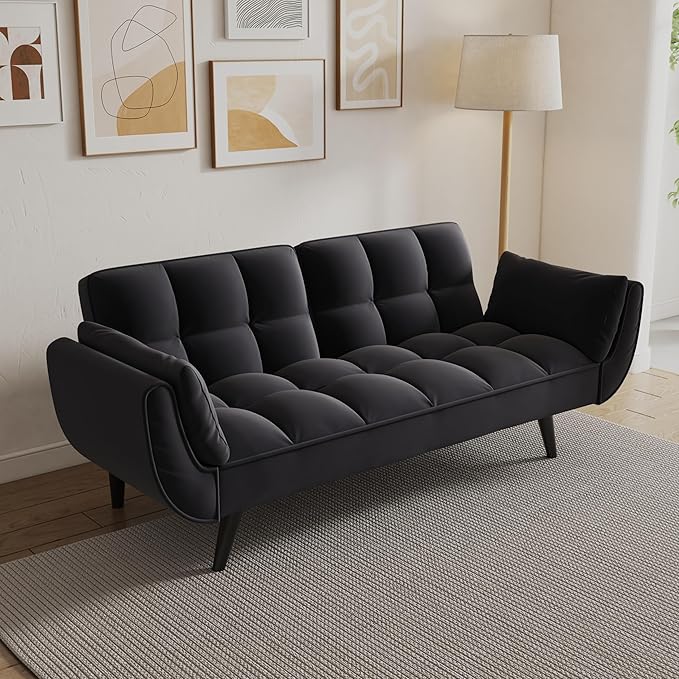 Futon Sofa Bed, Convertible Sleeper Couch 74" W Modern Velvet Loveseat