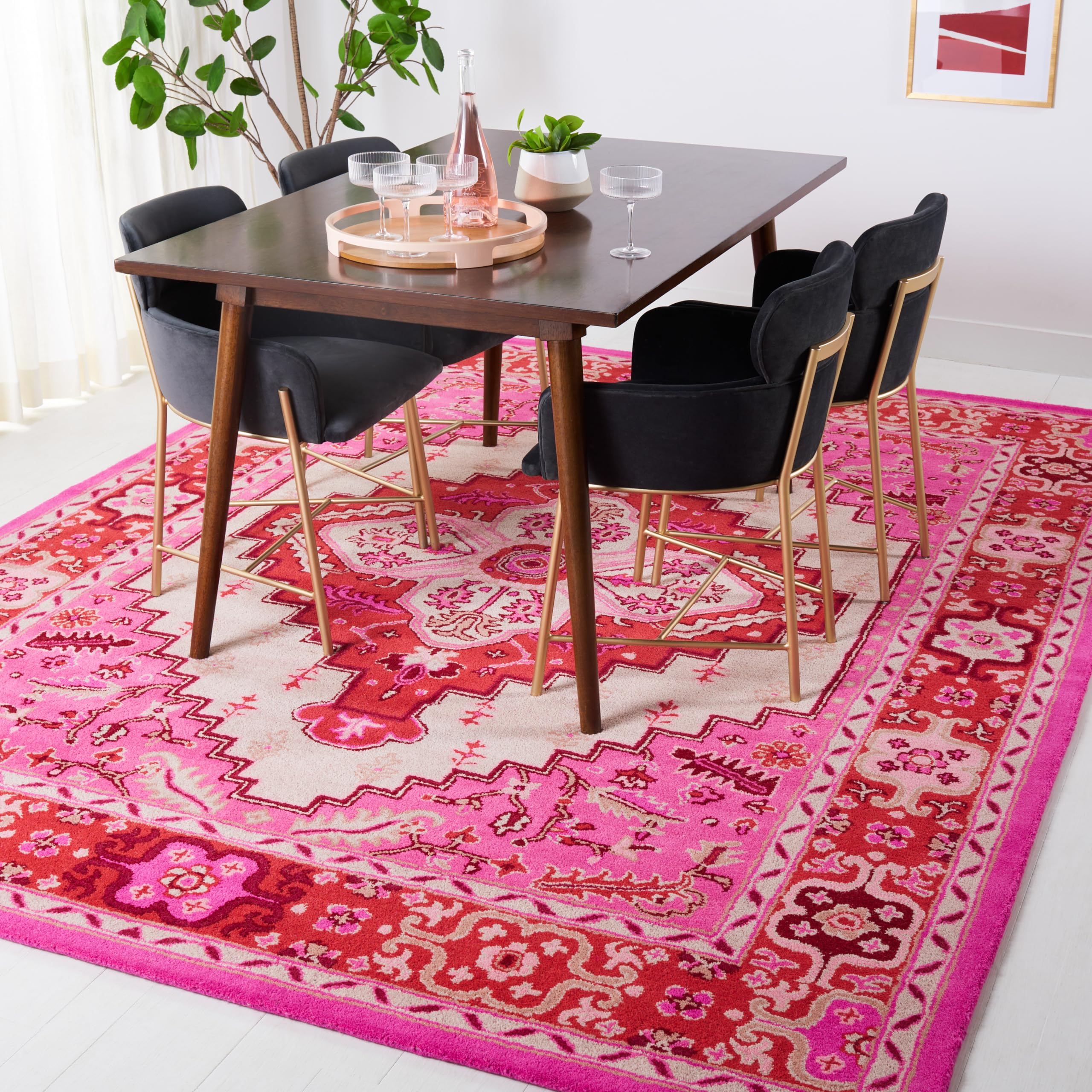 SAFAVIEH Bellagio Collection Area Rug - 10' x 14', Red Pink & Ivory, Handmade Medallion Wool, Ideal for High Traffic Areas in Living Room, Bedroom (BLG545A)