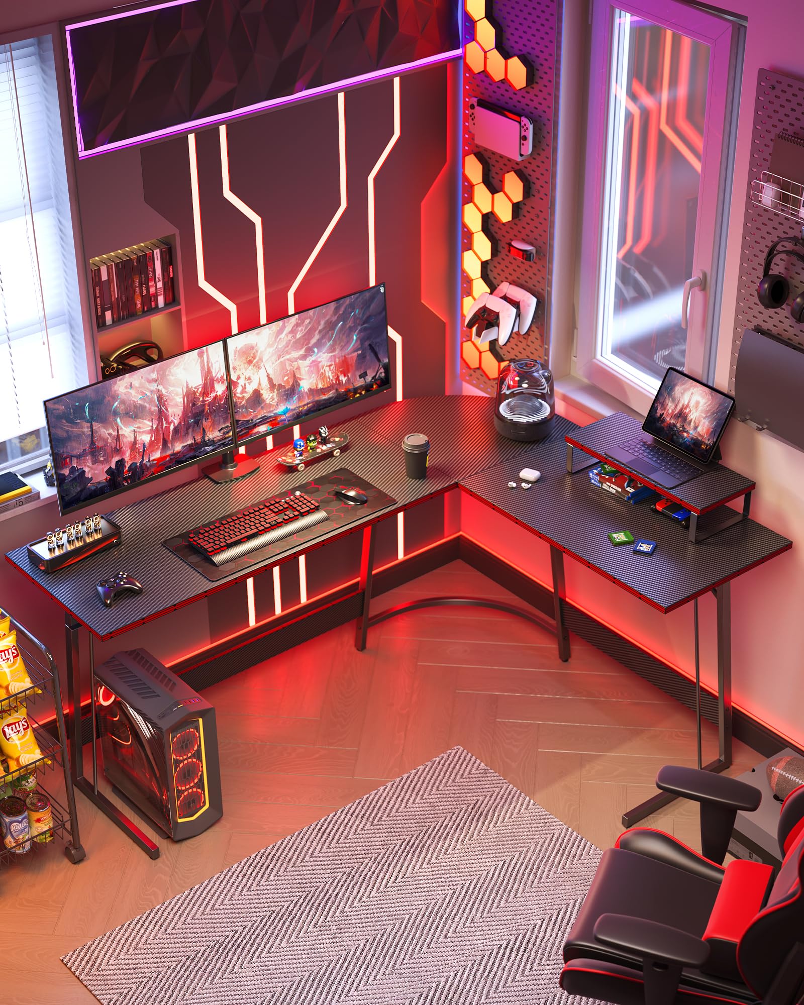 59 Inch Shaped Desk, Computer Corner Desk with Carbon Fiber Surface, Gaming Desk
