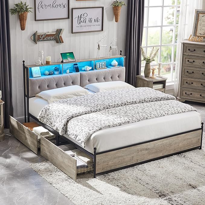 King Bed Frame with Storage Upholstered Headboard and 4 Drawers, Farmhouse Metal