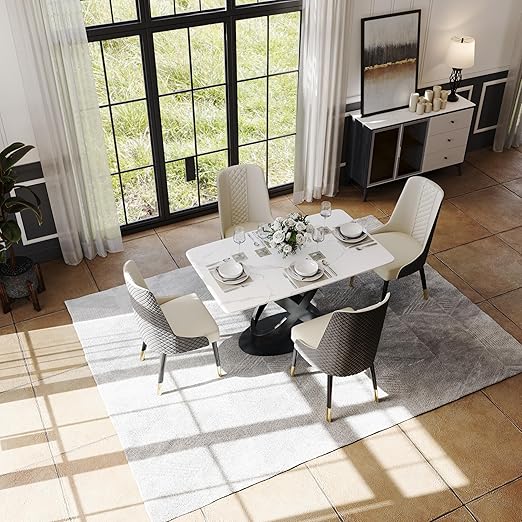 Modern Dining Table for 6, Matte White Dining Table Sintered Stone Dining Table Top