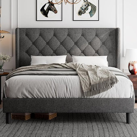 Queen Size Upholstered Platform Bed Frame, Wingback Bed Frame with Diamond Button