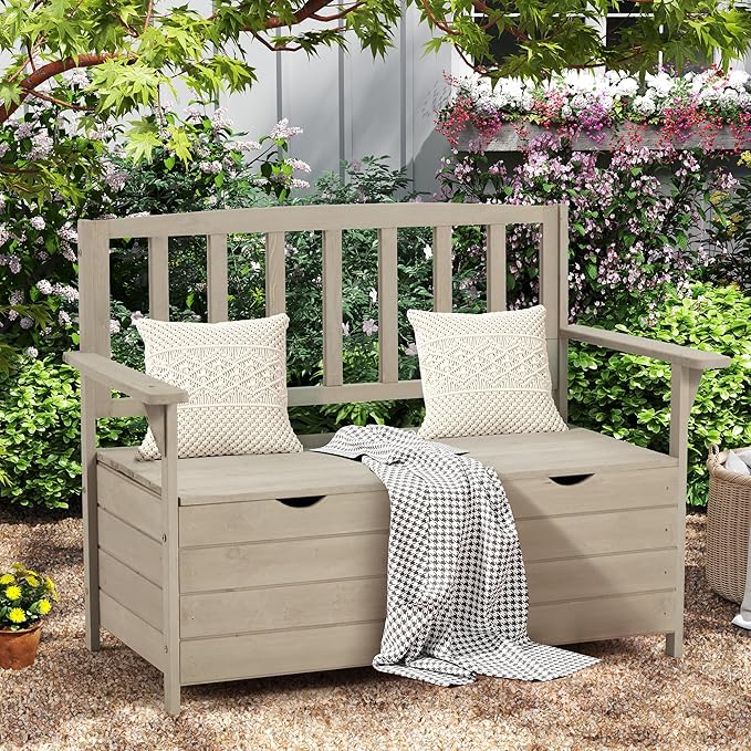 Outdoor Wooden Storage Bench, Patio Storage Box with Portable Handle & Seating, Deck