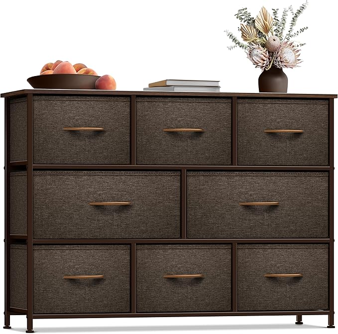 Dresser with 8 Faux Wood Drawers - Chest Organizer Unit with Steel Frame Wood Top & Handle Easy Pull Fabric