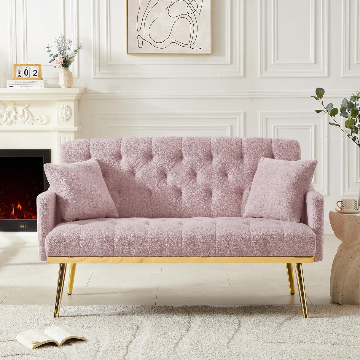 56" Teddy Fabric Loveseats Sleeper Sofa with 2 Pillows and 4 Solid Metal Legs