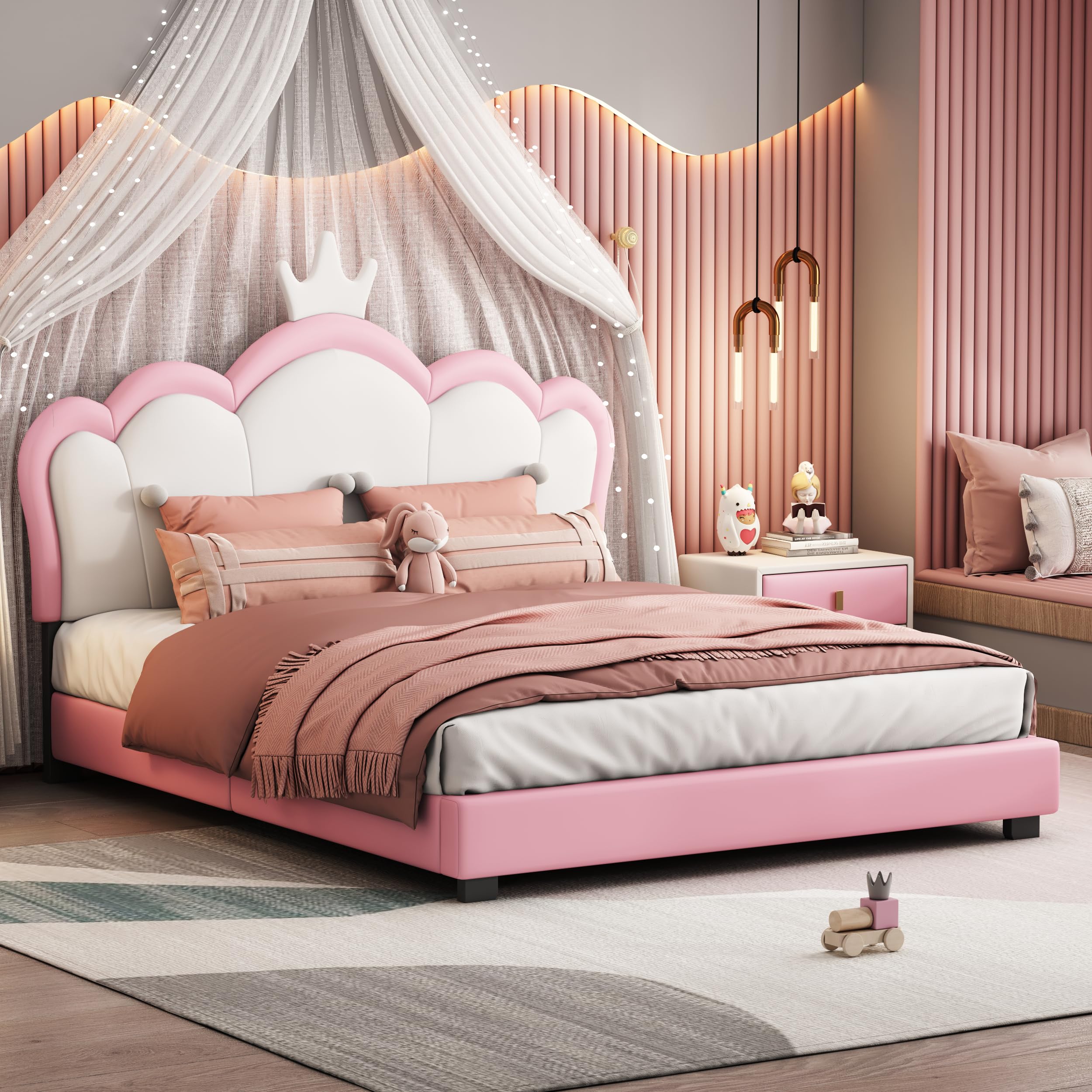 Full Kid Upholstered Day Frame Headboard, Wood Princess Low Platform Bed