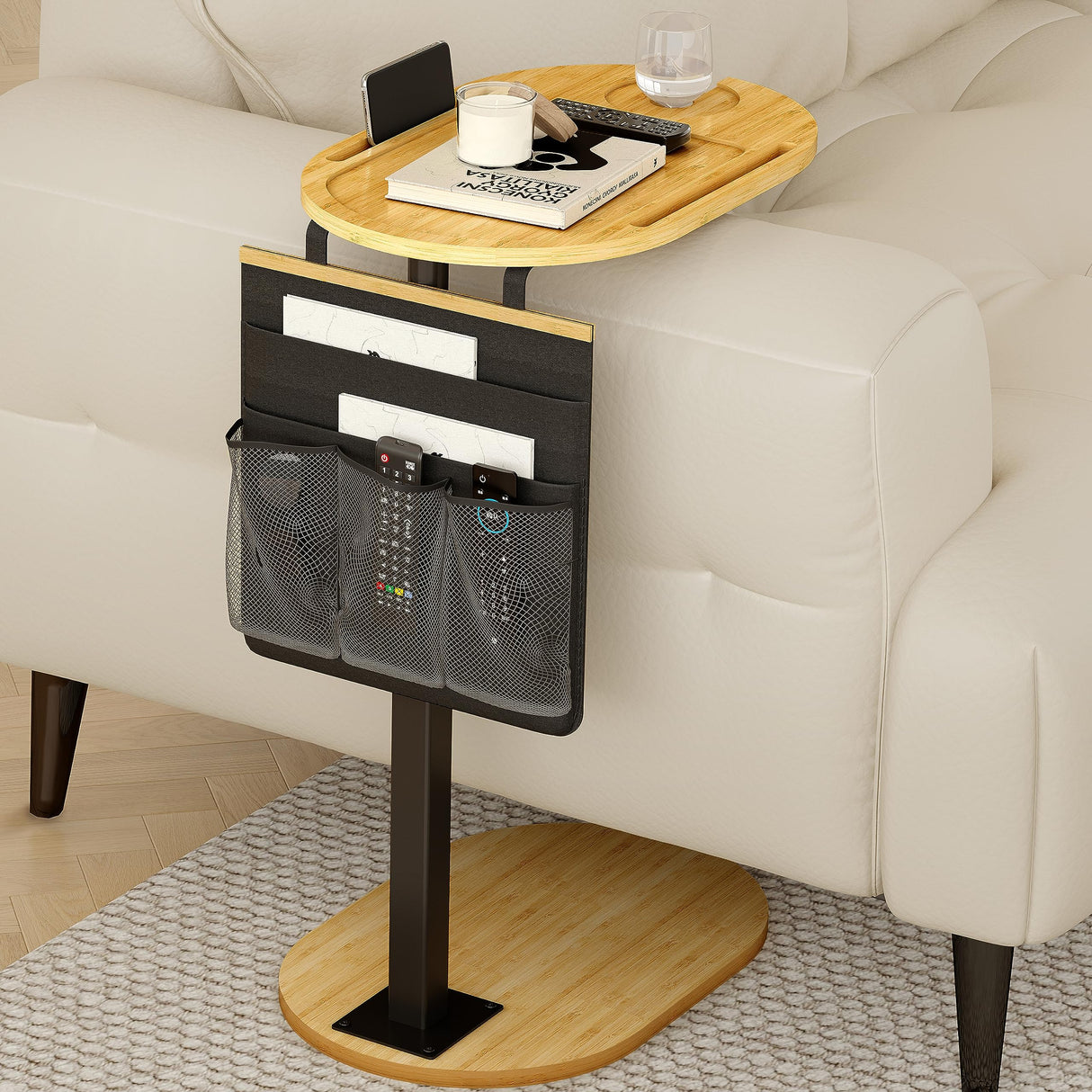 Couch Side Table with Adjustable Heights, Bamboo Sofa Tray Table with Storage Pocket