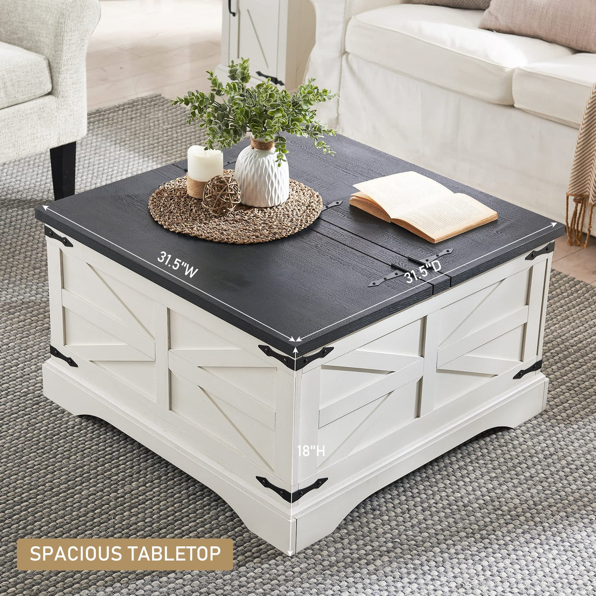 Farmhouse Coffee Table, Square Wood Center Table with Large Hidden Storage Compartment for Living Room,