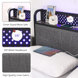 Queen Bed Frame with LED Lights and Charging Station,Upholstered Storage Headboard