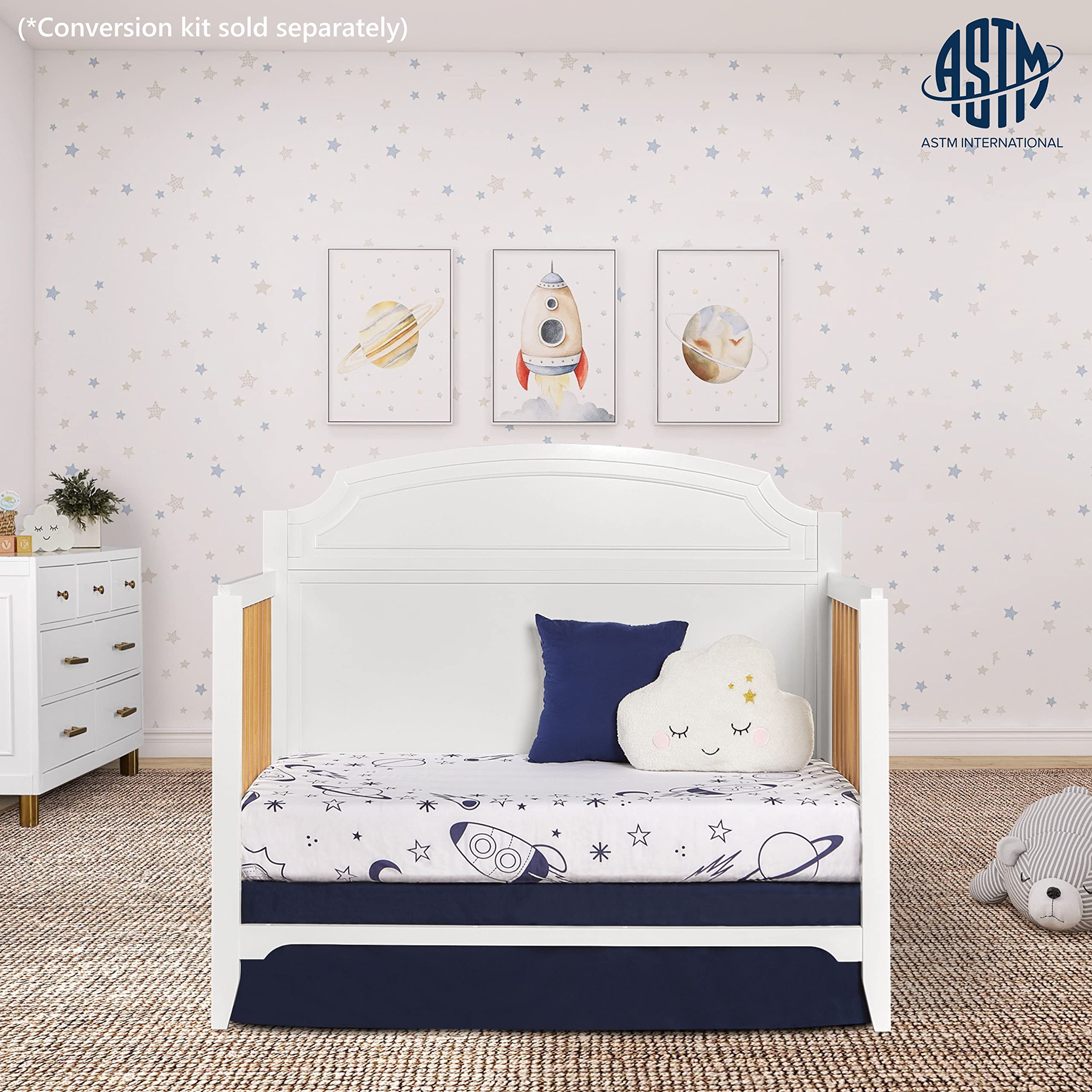 JPMA & Greenguard Gold Certified Milton 5-in-1 Convertible Crib Made with Sustainable New Zealand Pinewood in White and Natural, Non-Toxic Finish