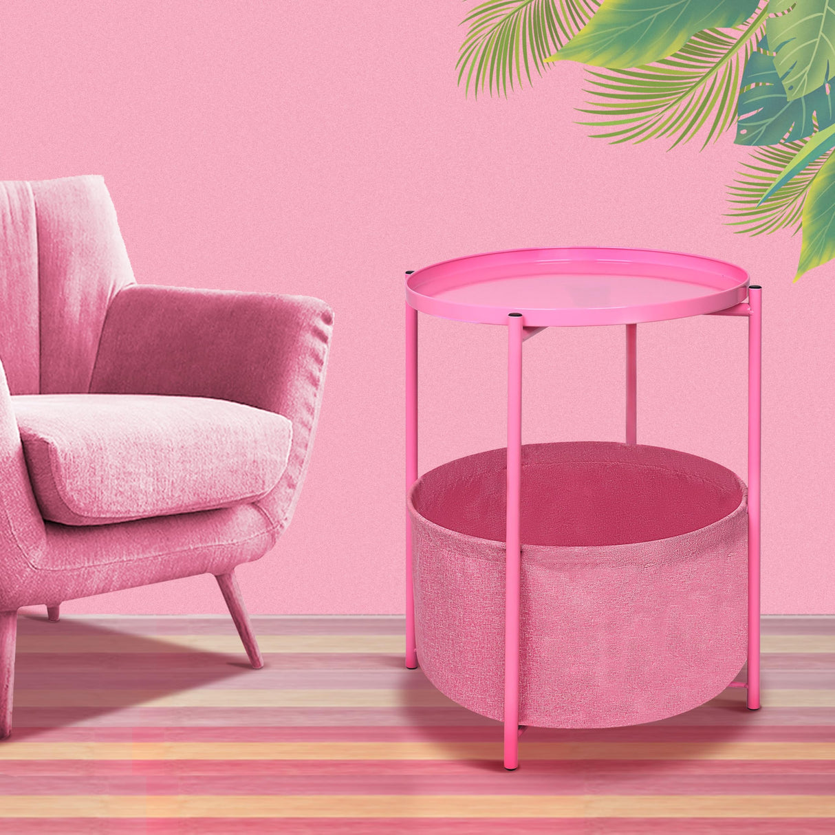 Small Round Side End Table with Storage, Nursery Side Table, Pink Bedside Table Nightstand with Fabric Basket and Removable Tray for Bedroom, Kids Room & Living Room