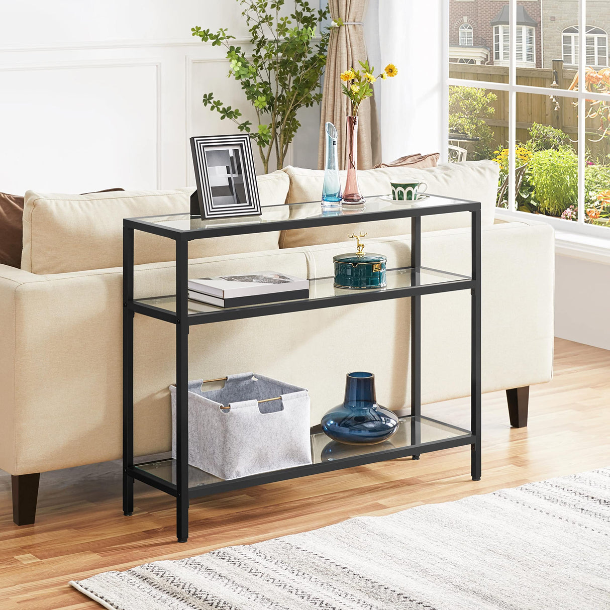 39.5" Console Table with 3 Storage Shelves,Tempered Glass Sofa Table
