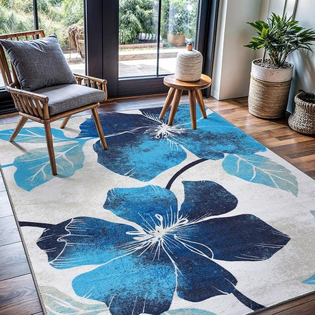 Solana Modern Floral 7'10" x 10'3" Area Rugs Non-Skid (Non-Slip) Rubber Backing Blue