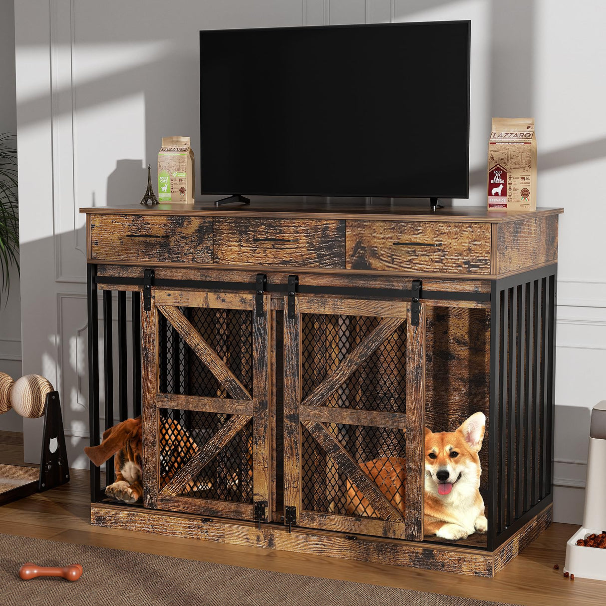 48" Double Dog Crate Furniture with Divider & Storage Drawers