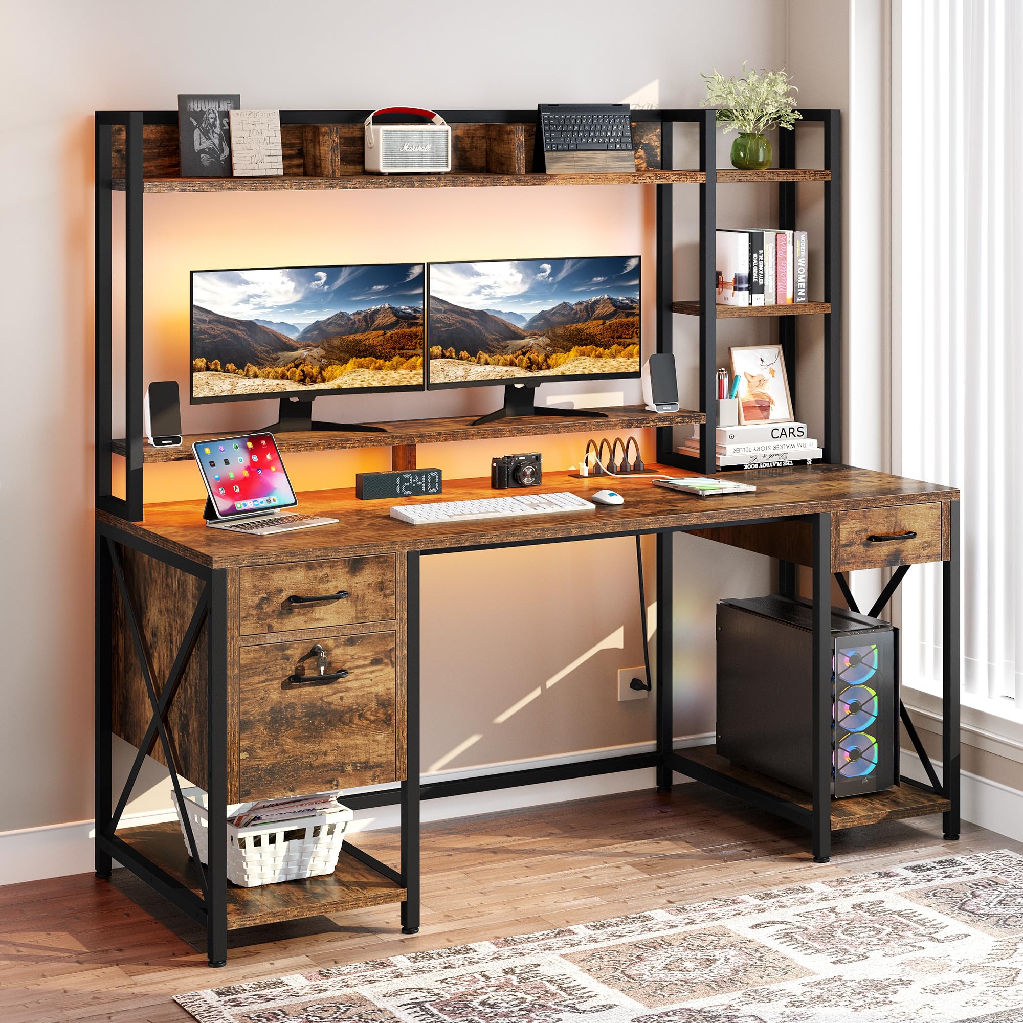 Computer Desk with Drawers & Hutch, 59.1" Office Desk with Power Outlets & LED Lights, Home Office Desk with Storage Shelves, Rustic Brown