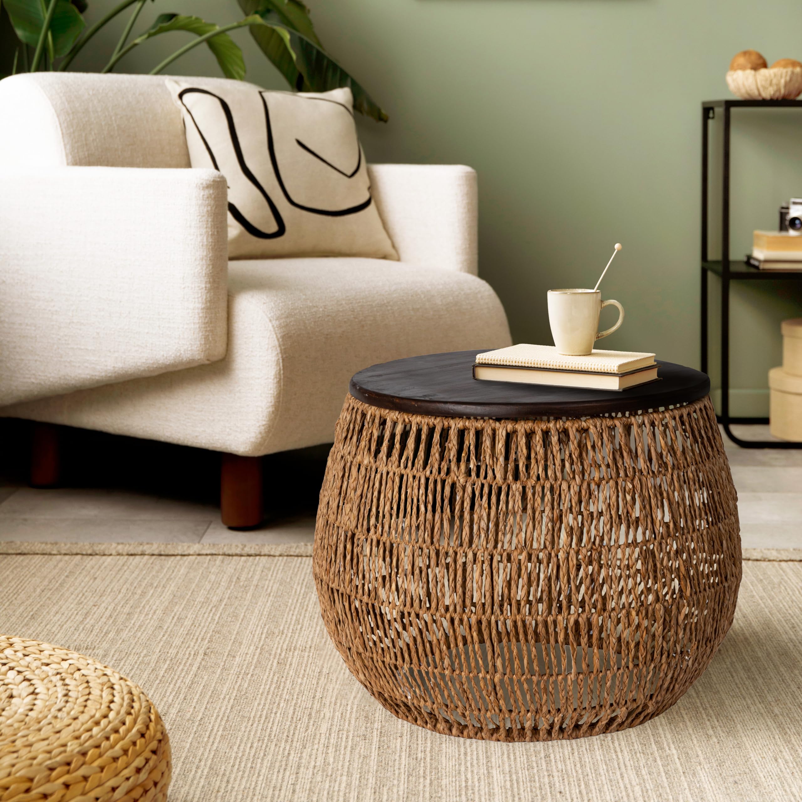 Hand-Woven Seagrass and Pine Wood Round Side Table, Natural