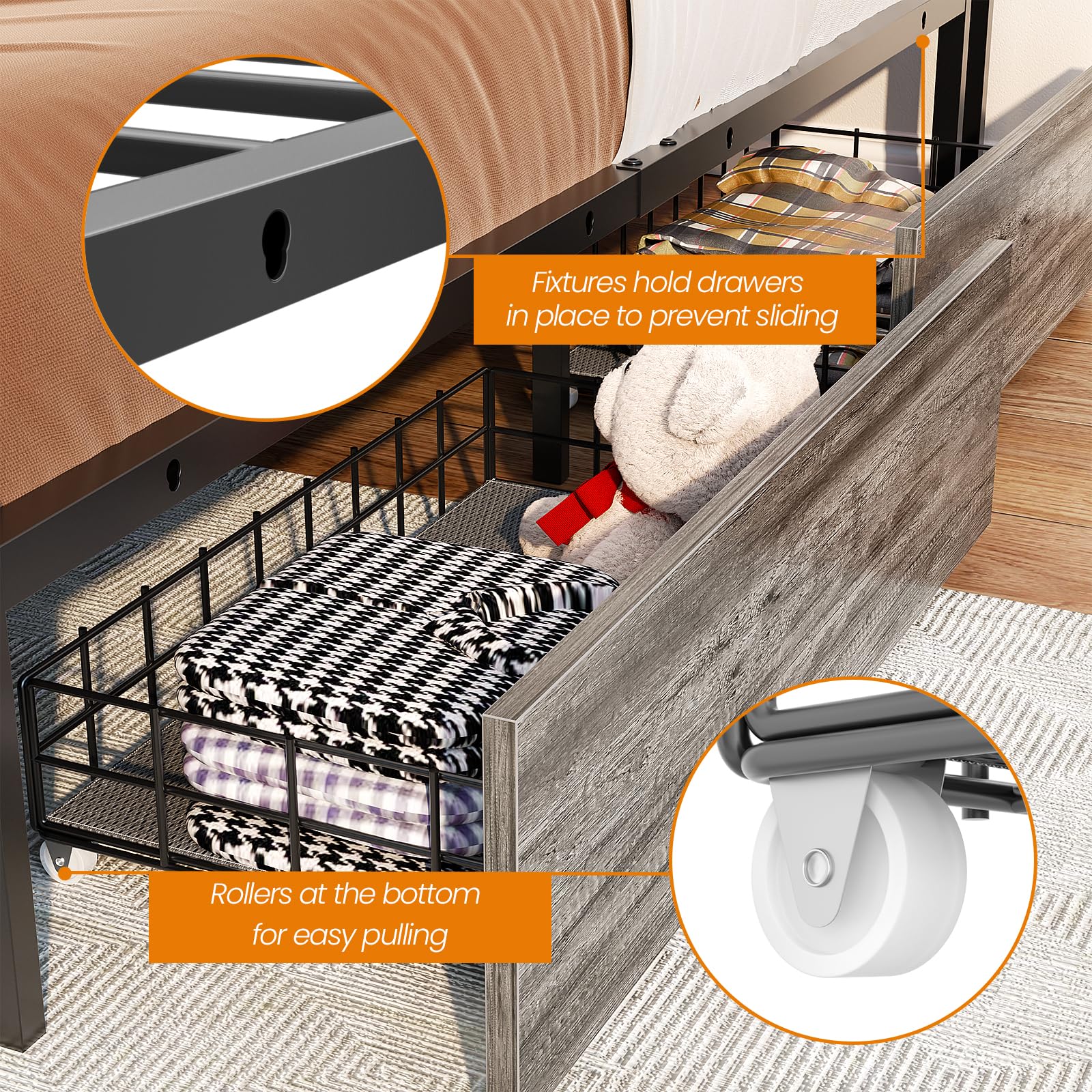 King Size Bed Frame with Storage Drawers and Charging Station