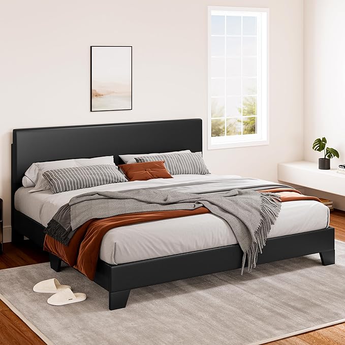 Upholstered Queen Size Bed Frame with Adjustable Headboard