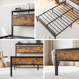 Full Size Bed Frame with Headboard Storage,Wood Bed Frame with Charging Station,