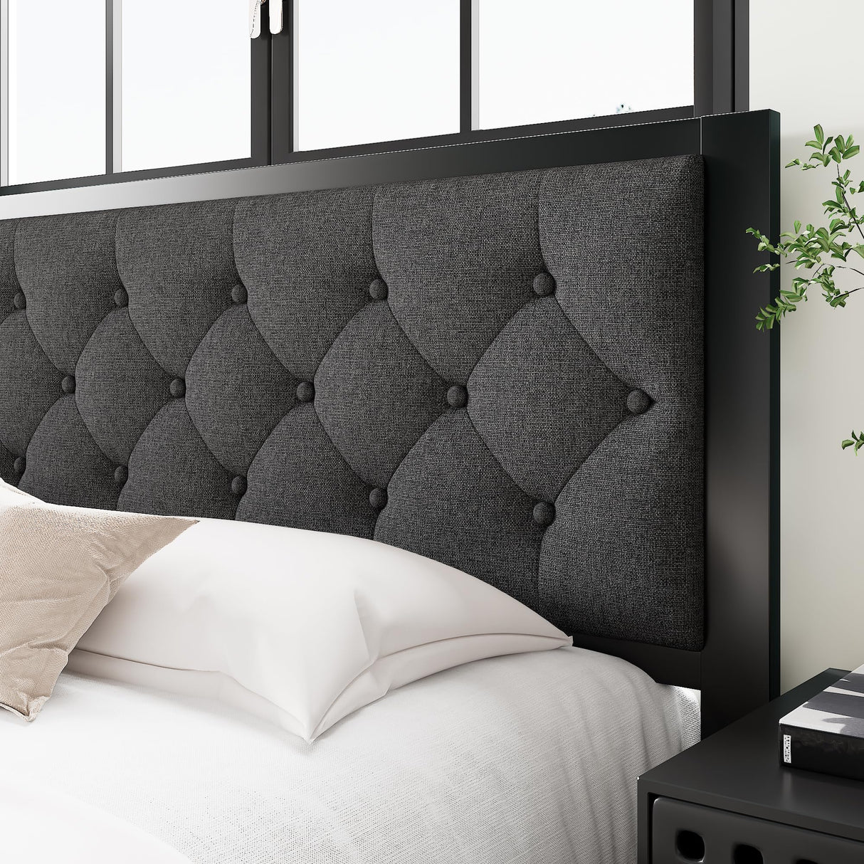 Queen Bed Frame, Metal Platform Bed Frame with Button Tufted Linen Upholstered Headboard,